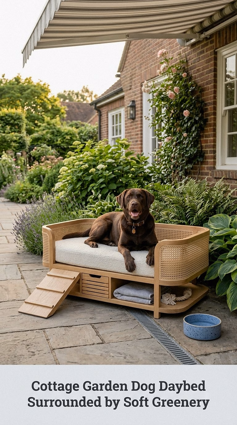 Cottage Garden Dog Daybed Surrounded by Soft Greenery