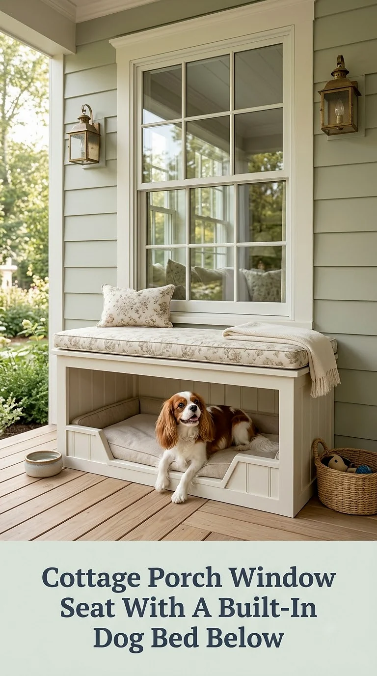 Cottage Porch Window Seat With A Built-In Dog Bed Below