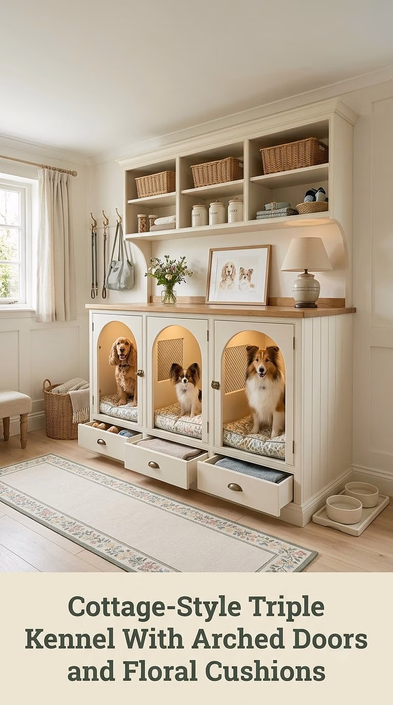 Cottage-Style Triple Kennel With Arched Doors and Floral Cushions