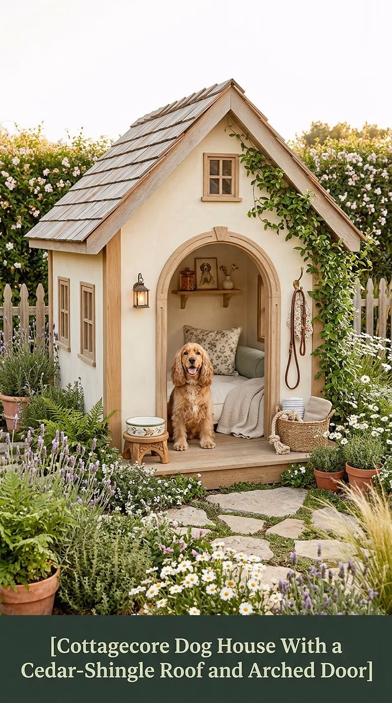 16. Cottagecore Dog House With a Cedar-Shingle Roof and Arched Door