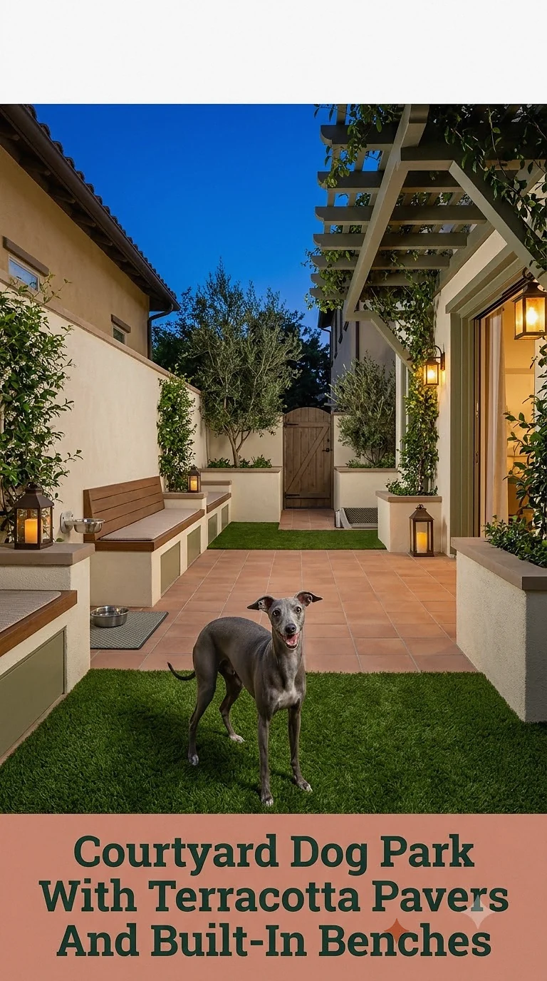 Courtyard Dog Park With Terracotta Pavers And Built-In Benches
