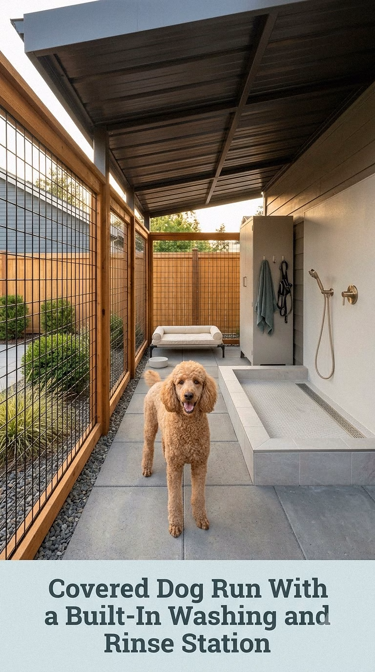 Covered Dog Run With a Built-In Washing and Rinse Station