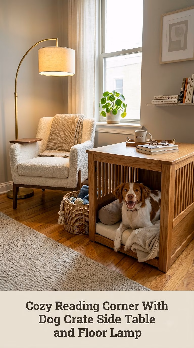 Cozy Reading Corner With Dog Crate Side Table and Floor Lamp