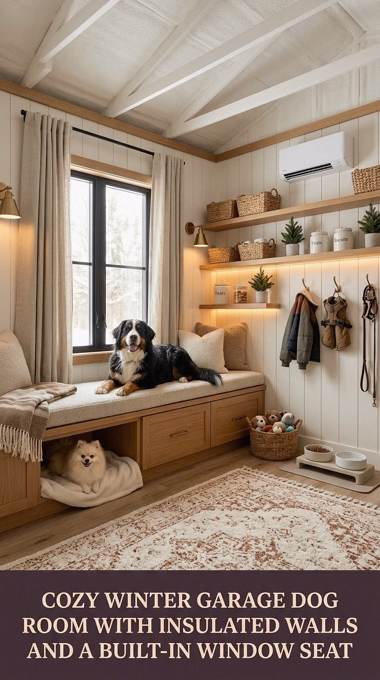 16. Cozy Winter Garage Dog Room With Insulated Walls and a Built-In Window Seat