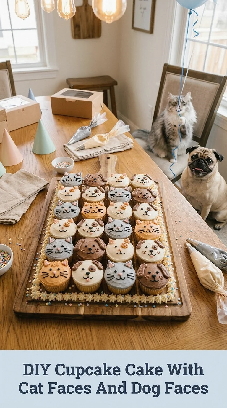 DIY Cupcake Cake With Cat Faces And Dog Faces