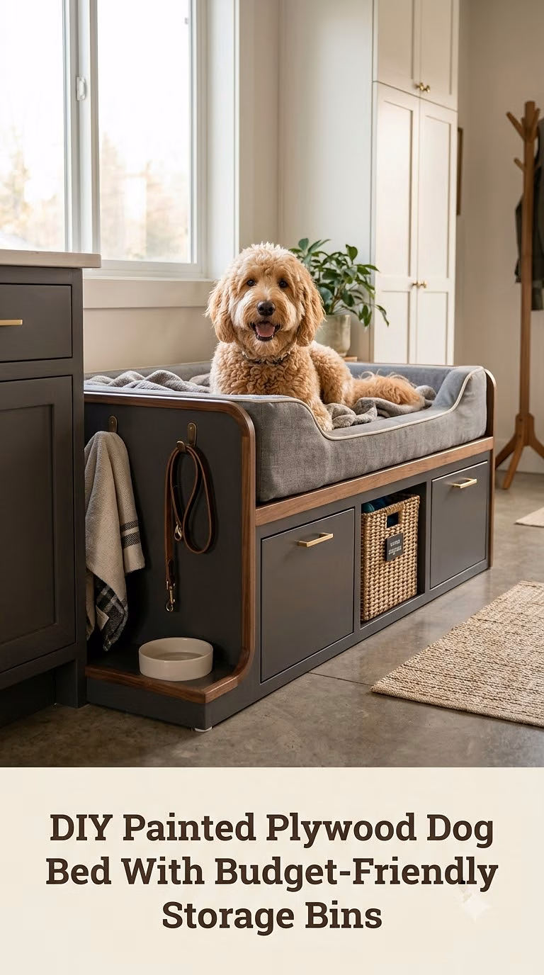 DIY Painted Plywood Dog Bed With Budget-Friendly Storage Bins