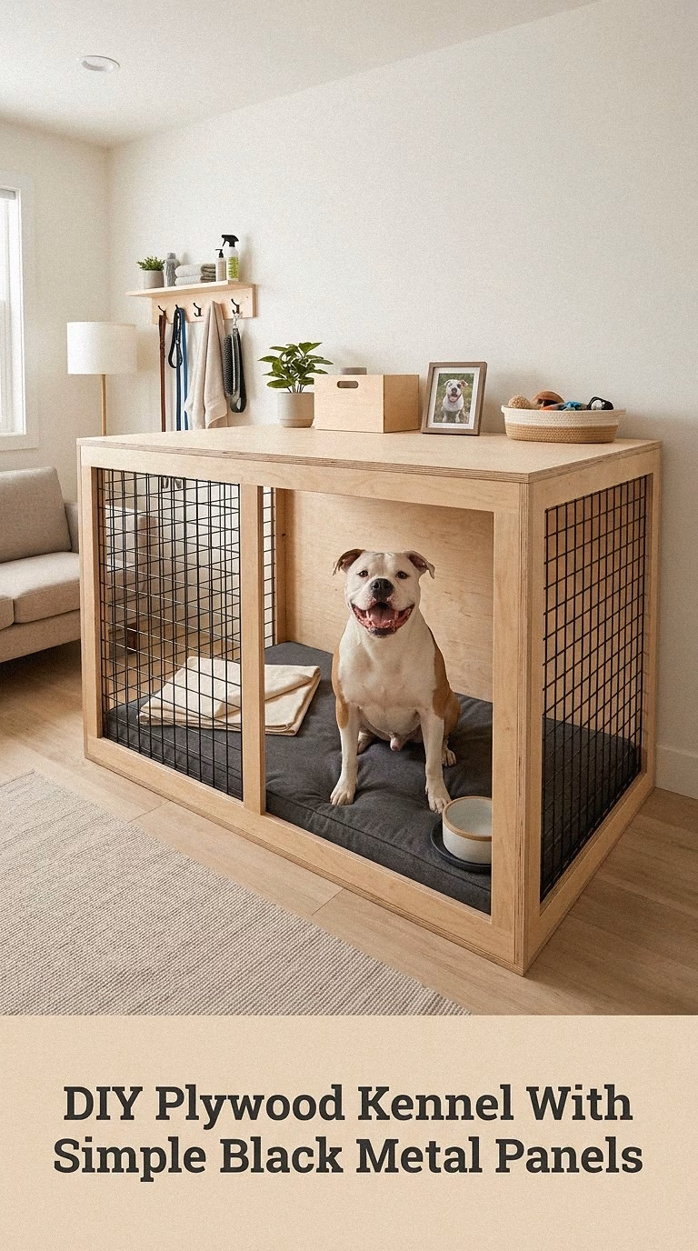 DIY Plywood Kennel With Simple Black Metal Panels