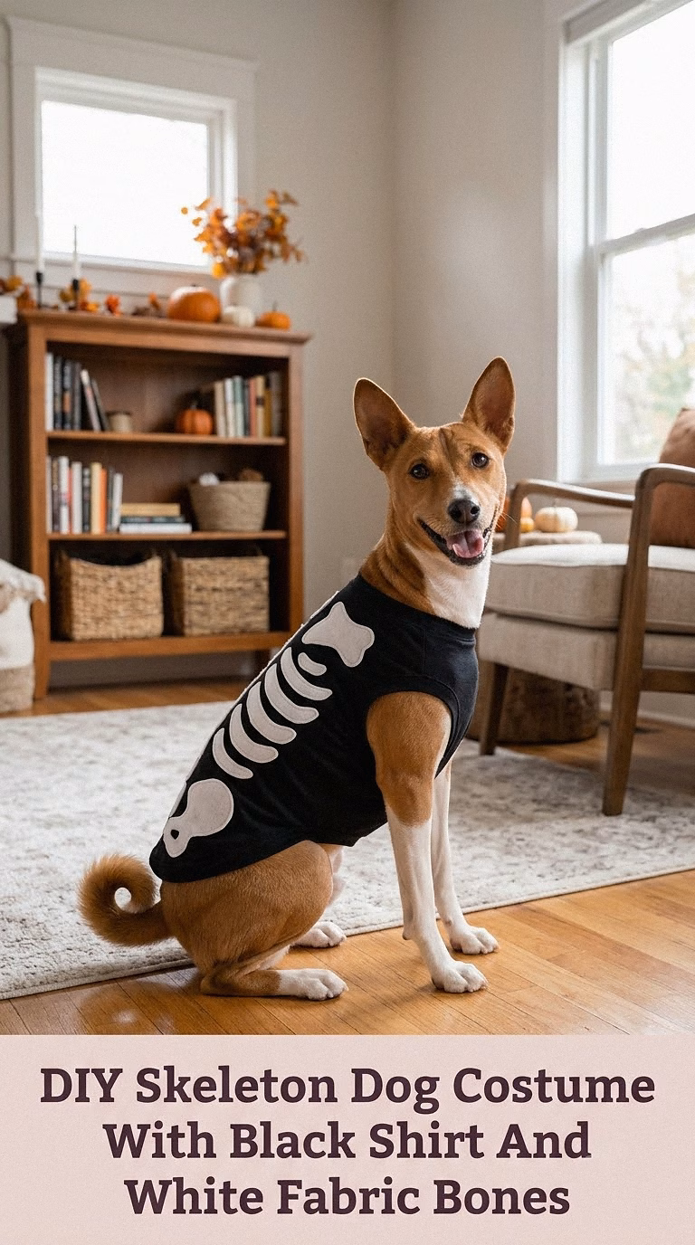 DIY Skeleton Dog Costume With Black Shirt And White Fabric Bones
