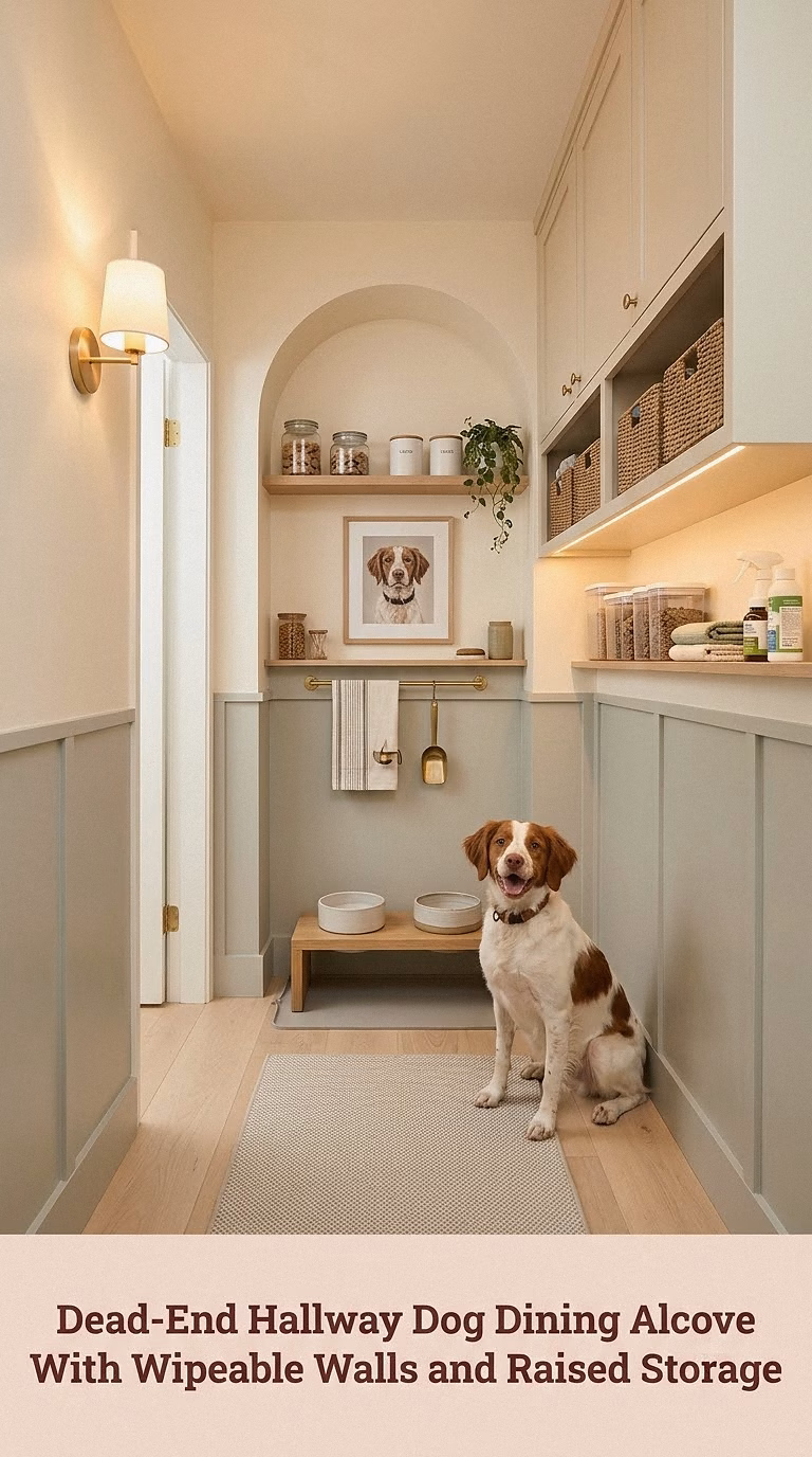 16. Dead-End Hallway Dog Dining Alcove With Wipeable Walls and Raised Storage
