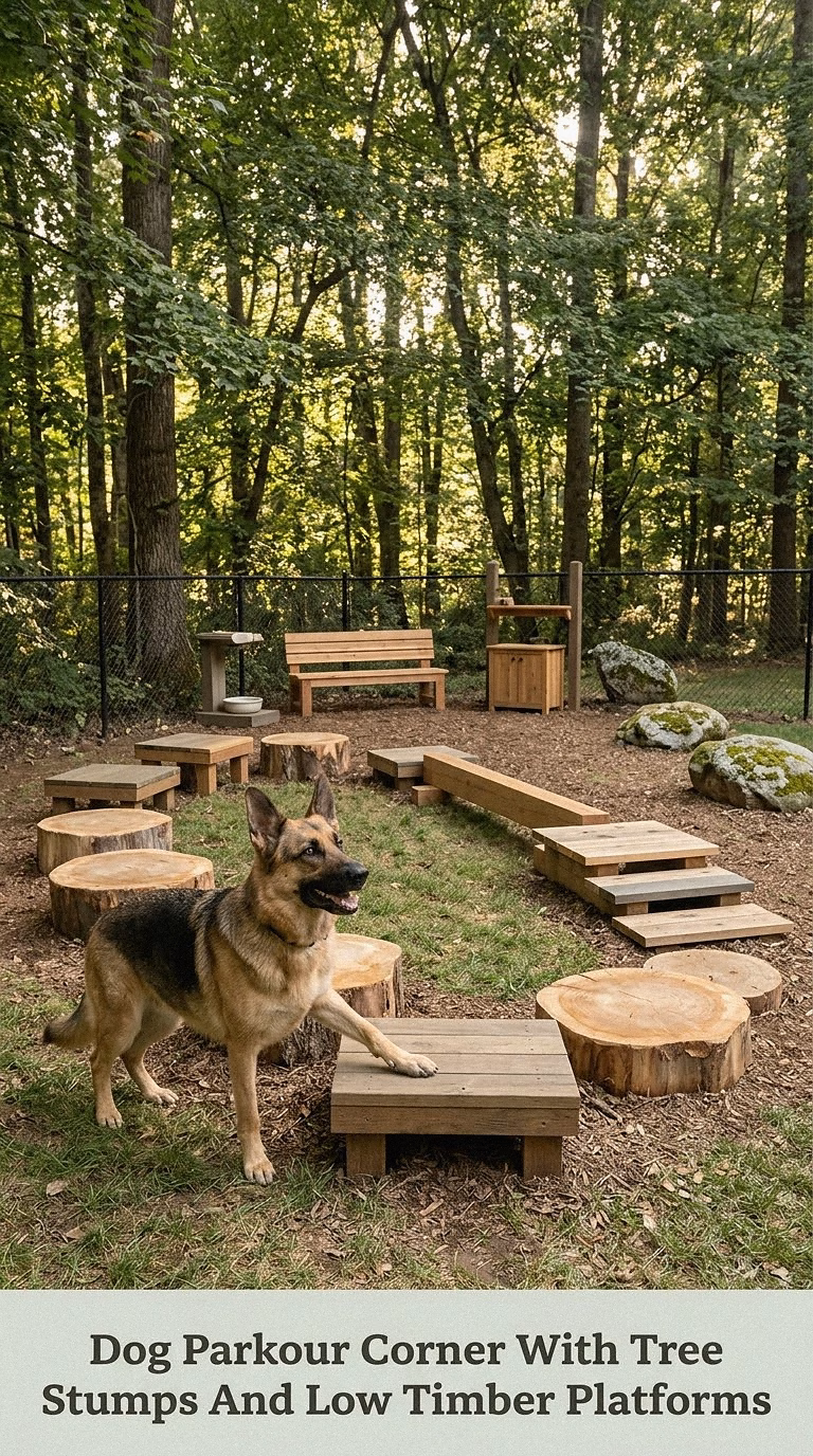 Dog Parkour Corner With Tree Stumps And Low Timber Platforms