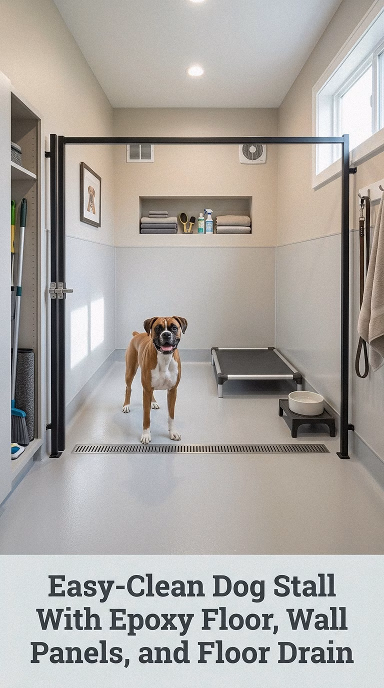 Easy-Clean Dog Stall With Epoxy Floor, Wall Panels, and Floor Drain