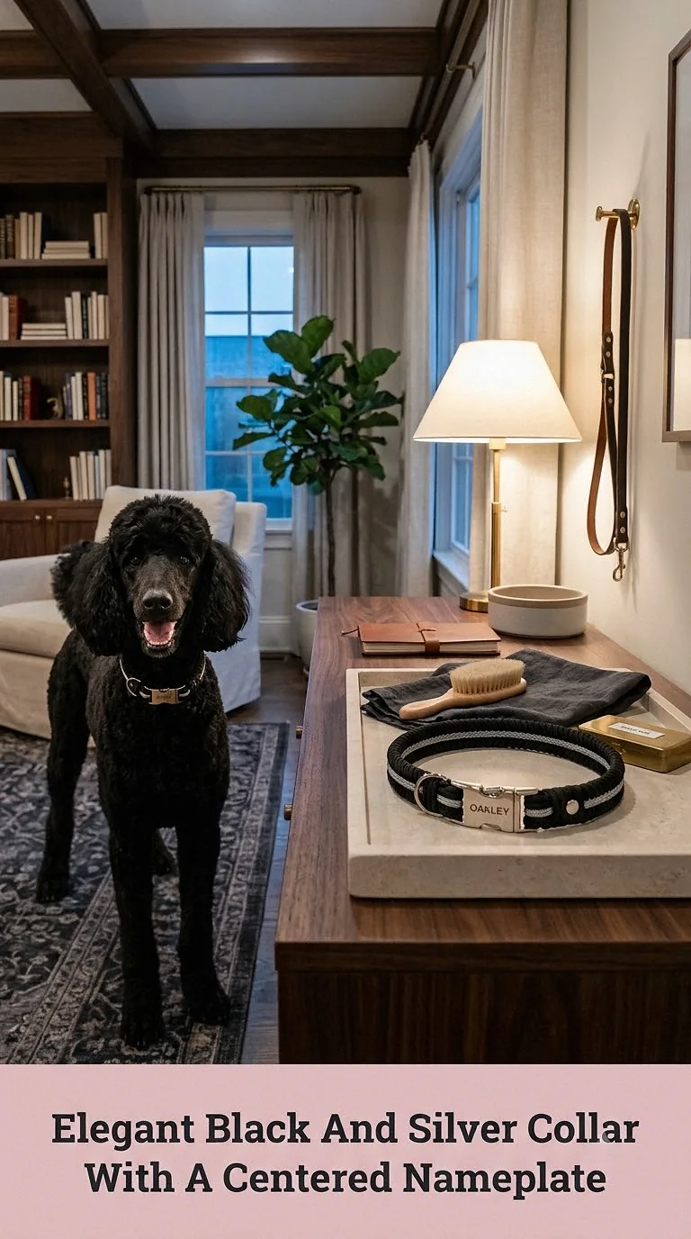 Elegant Black And Silver Collar With A Centered Nameplate