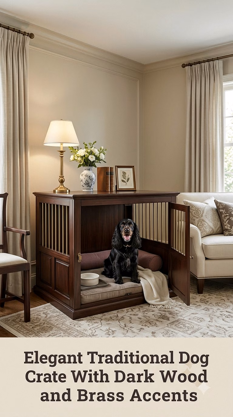 Elegant Traditional Dog Crate With Dark Wood and Brass Accents