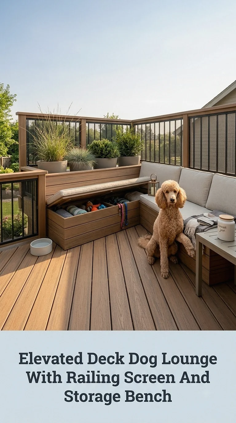 Elevated Deck Dog Lounge With Railing Screen And Storage Bench