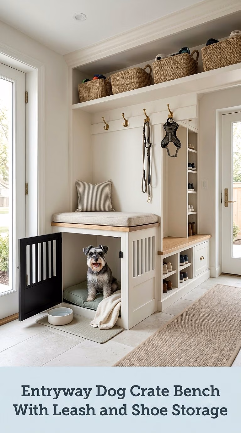 Entryway Dog Crate Bench With Leash and Shoe Storage