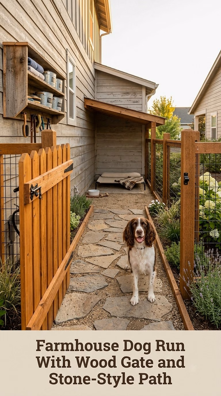 Farmhouse Dog Run With Wood Gate and Stone-Style Path