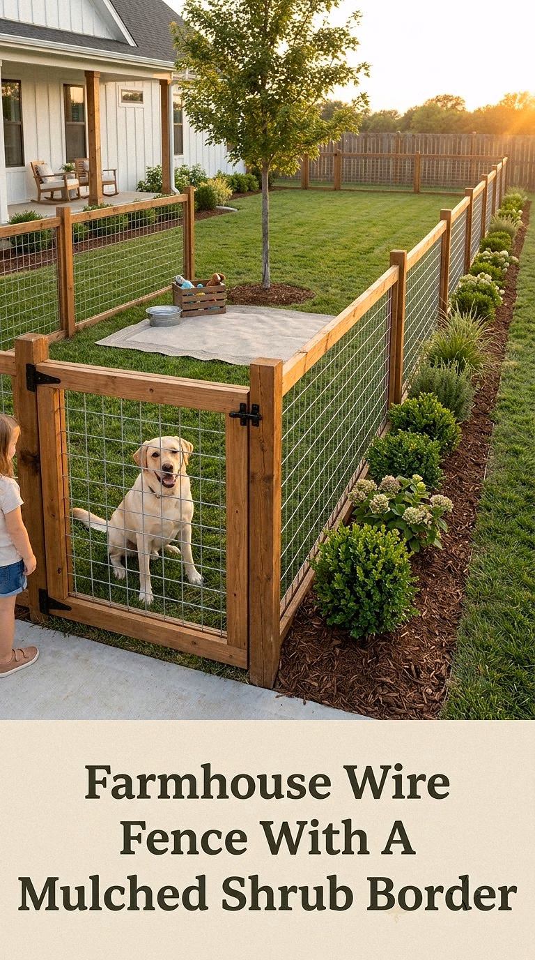 Farmhouse Wire Fence With A Mulched Shrub Border