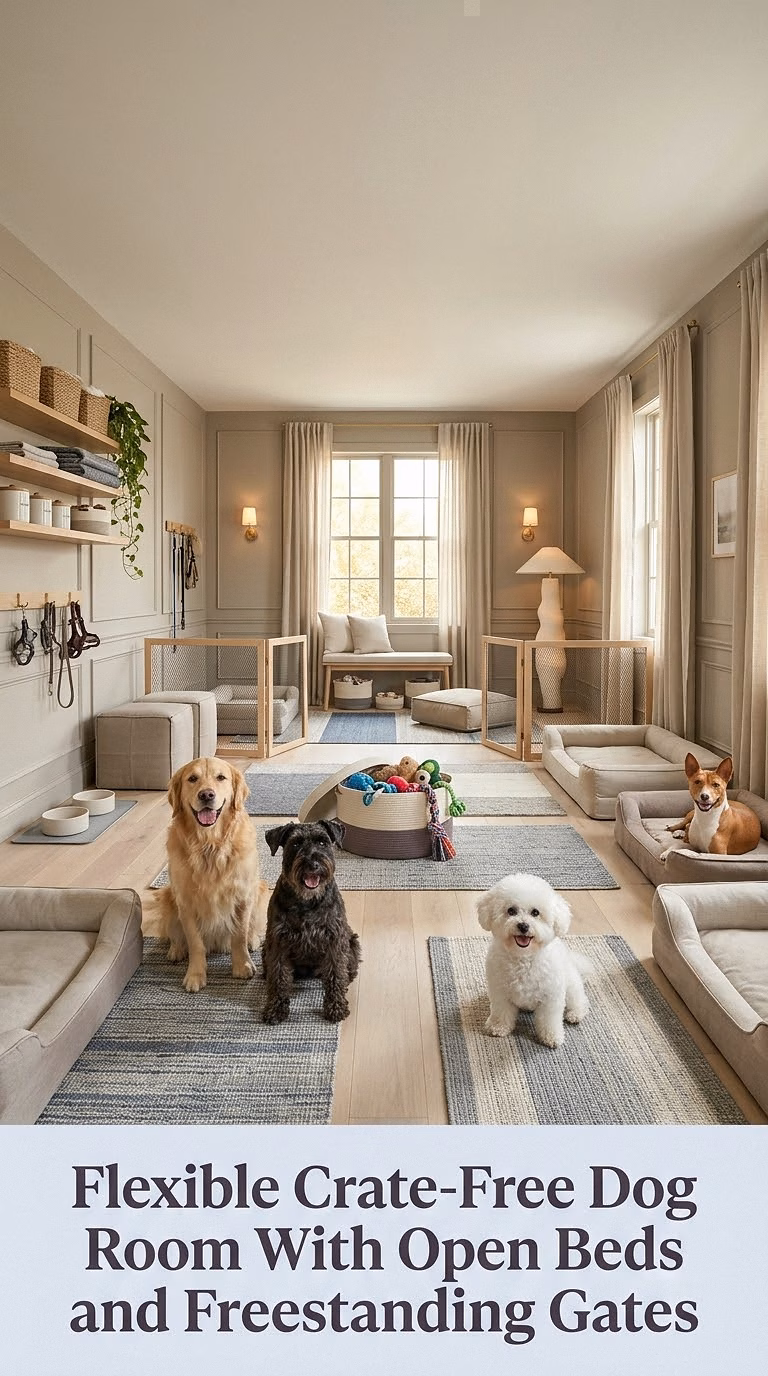 16. Flexible Crate-Free Dog Room With Open Beds and Freestanding Gates