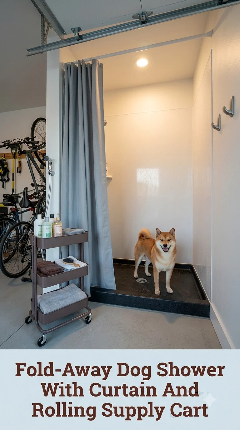 Fold-Away Dog Shower With Curtain And Rolling Supply Cart