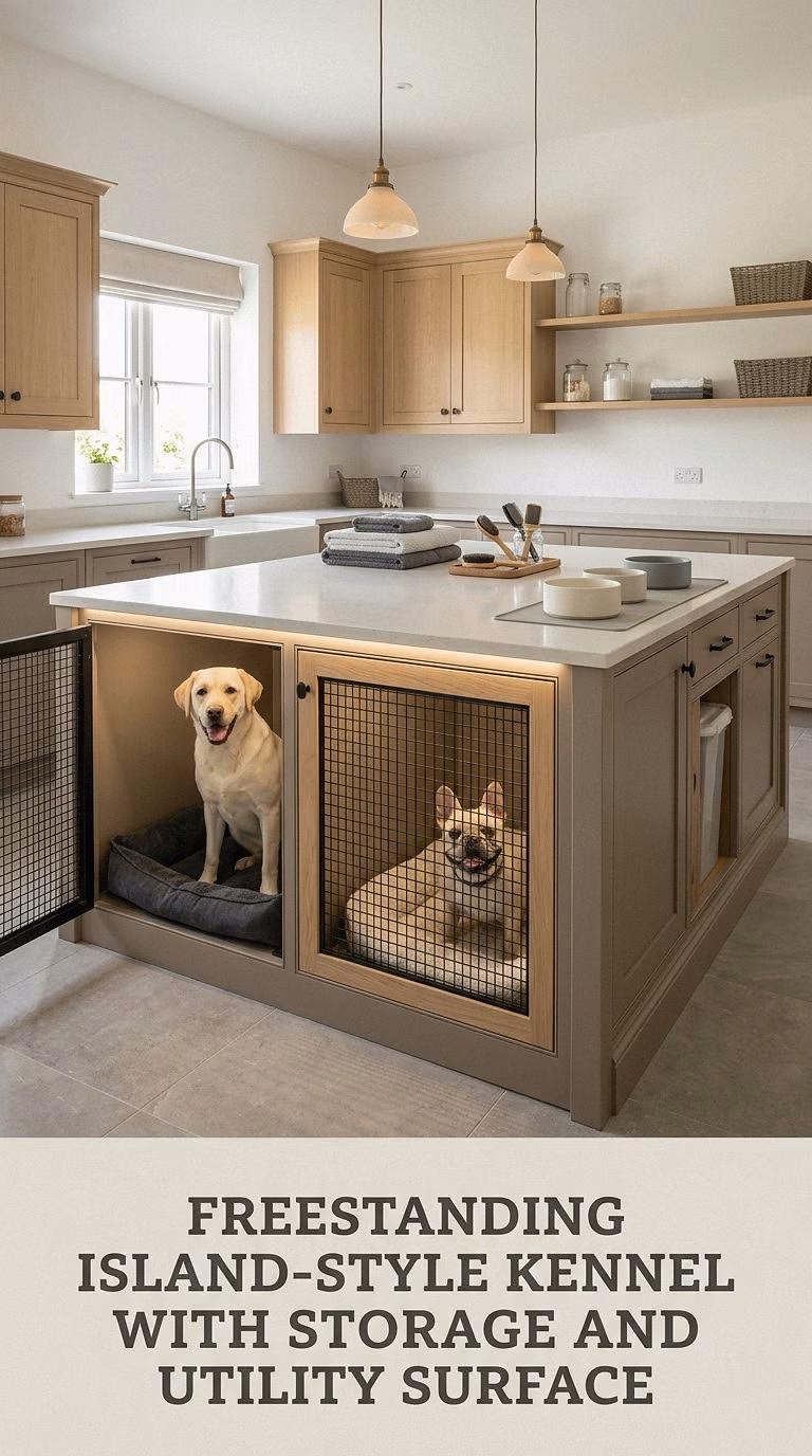 Freestanding Island-Style Kennel With Storage and Utility Surface