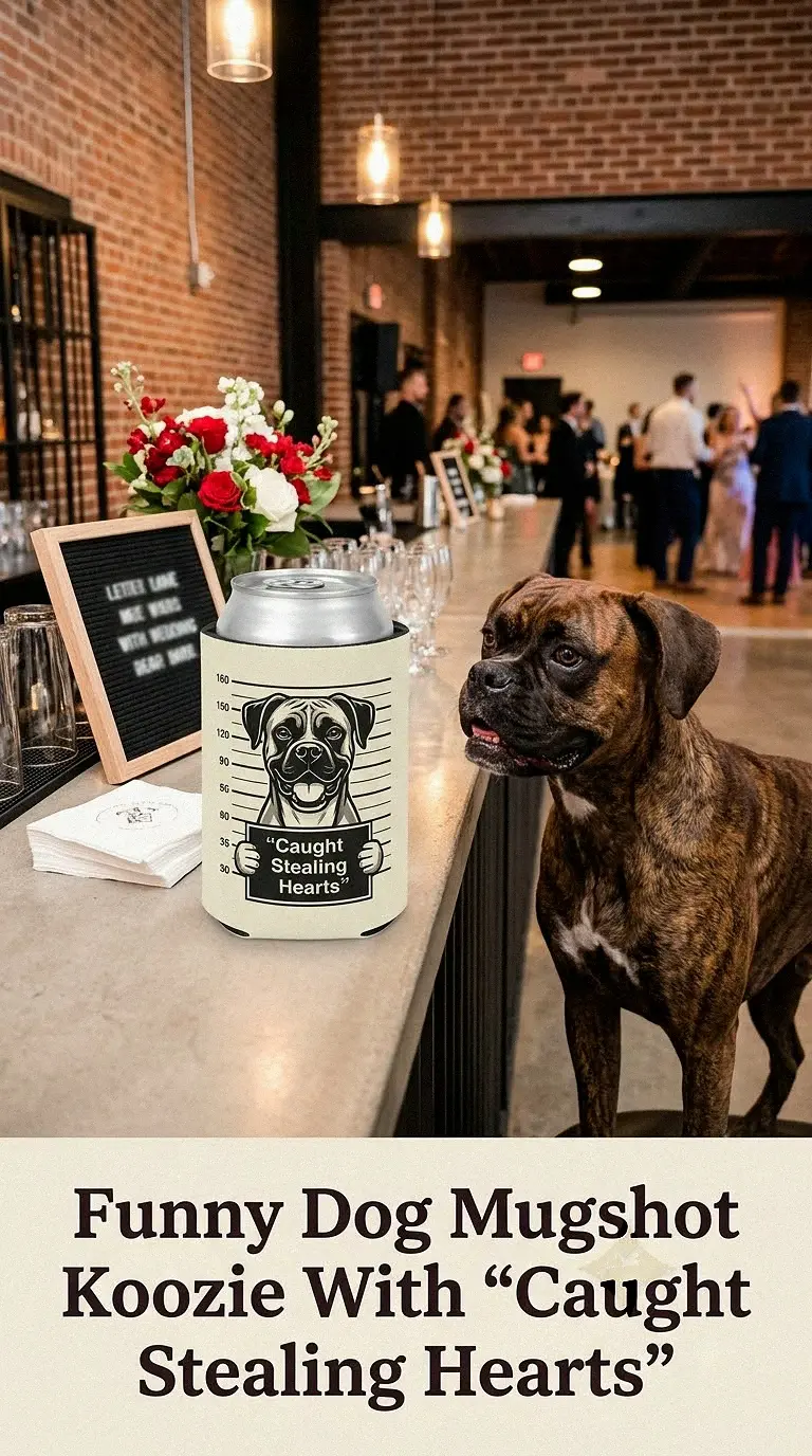 Funny Dog Mugshot Koozie With “Caught Stealing Hearts”