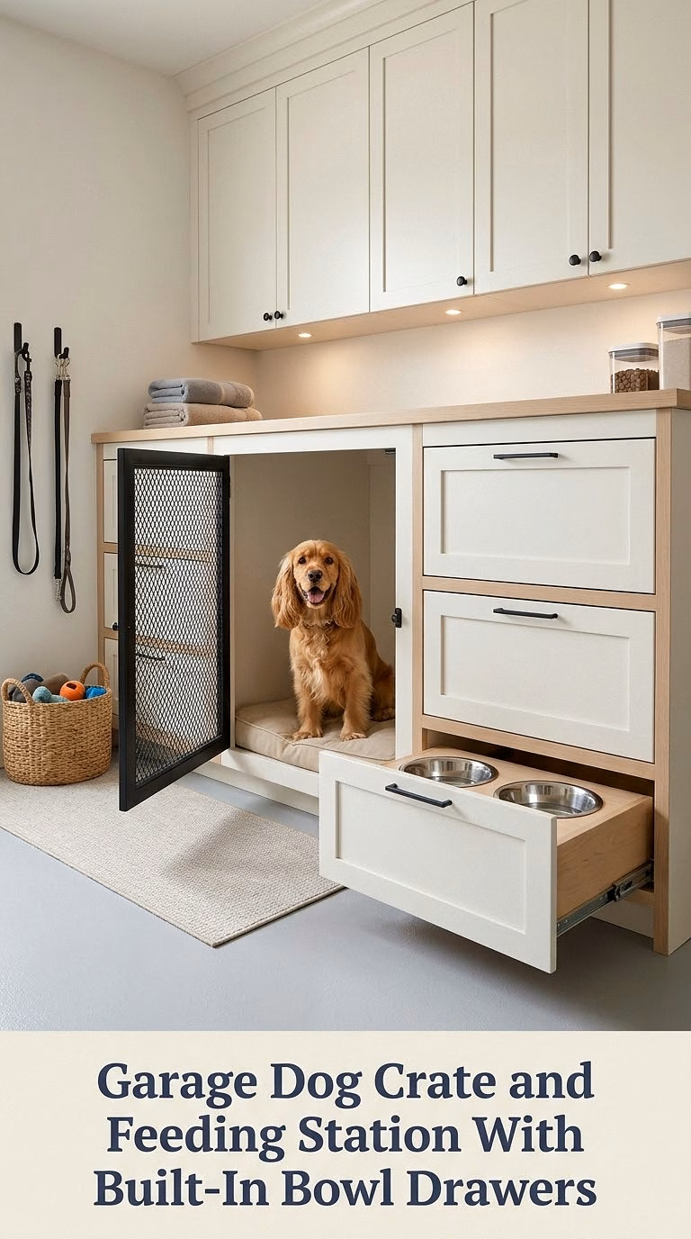Garage Dog Crate and Feeding Station With Built-In Bowl Drawers