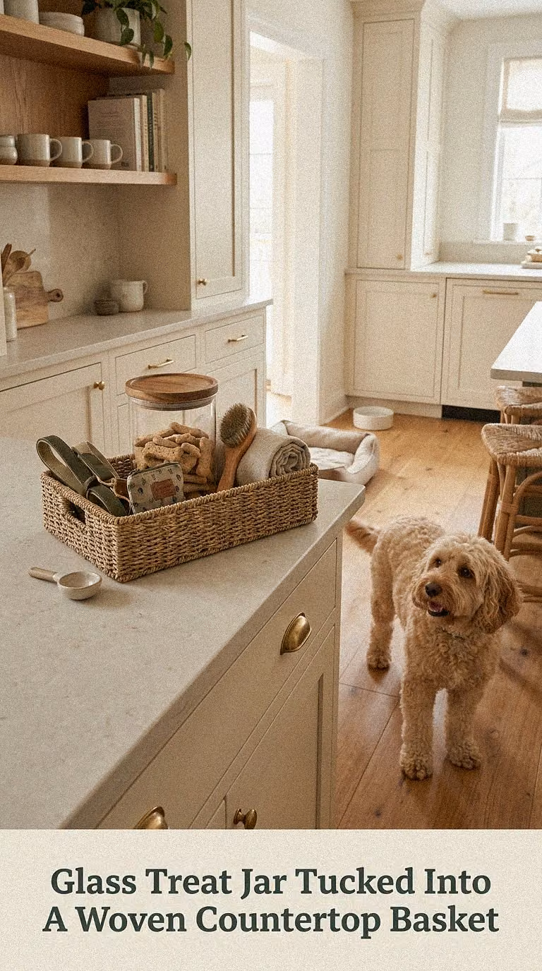 Glass Treat Jar Tucked Into A Woven Countertop Basket