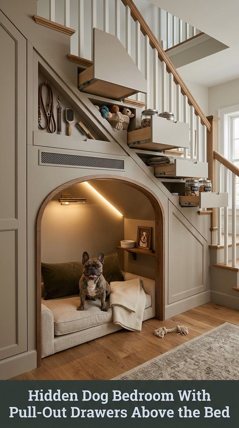 16. Hidden Dog Bedroom With Pull-Out Drawers Above the Bed