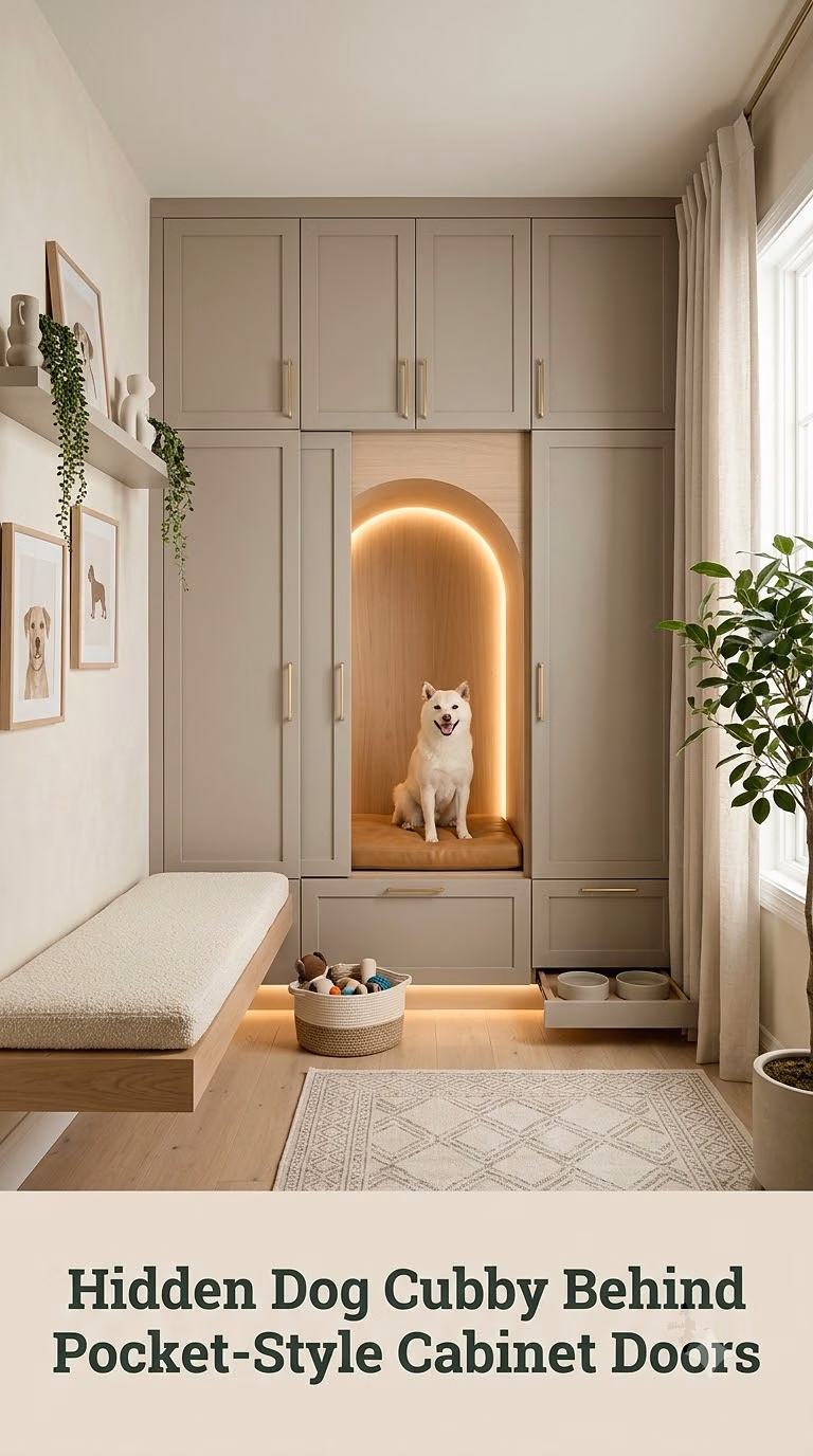 16. Hidden Dog Cubby Behind Pocket-Style Cabinet Doors