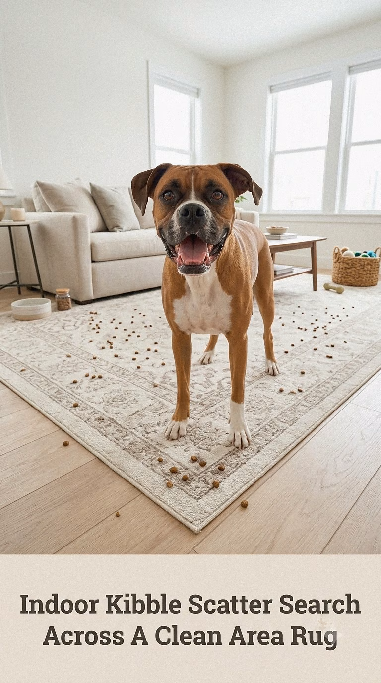 Indoor Kibble Scatter Search Across A Clean Area Rug
