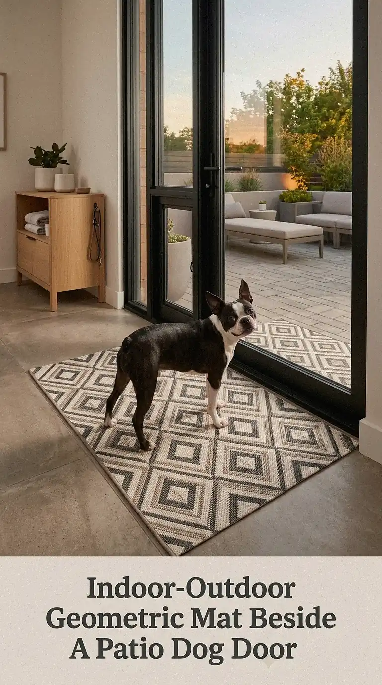Indoor-Outdoor Geometric Mat Beside A Patio Dog Door
