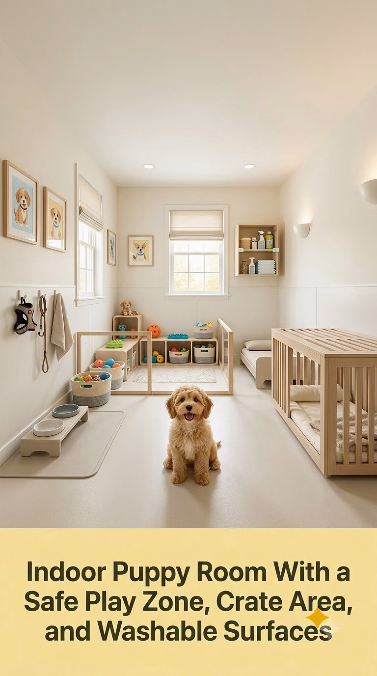 16. Indoor Puppy Room With a Safe Play Zone, Crate Area, and Washable Surfaces