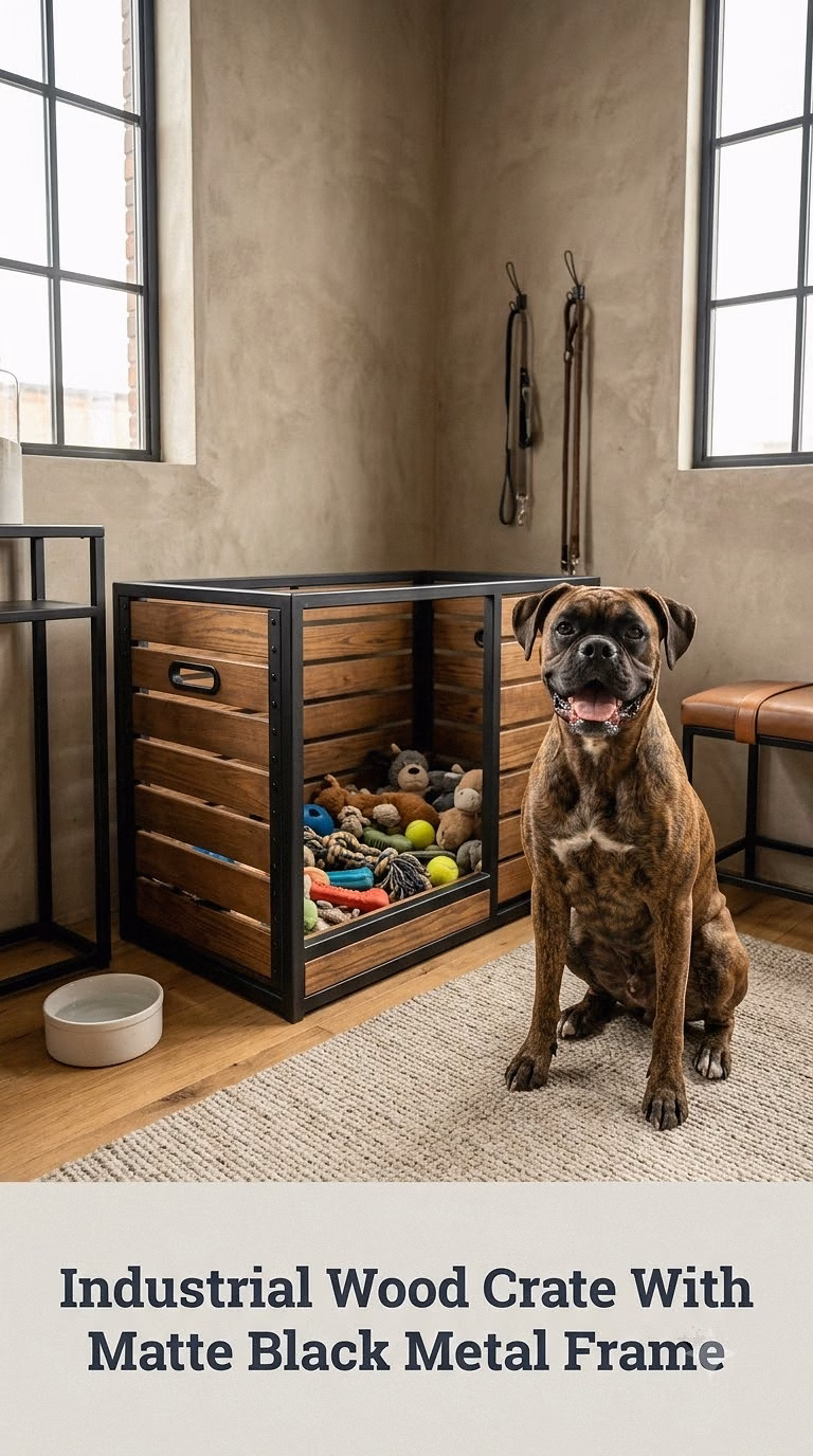 Industrial Wood Crate With Matte Black Metal Frame