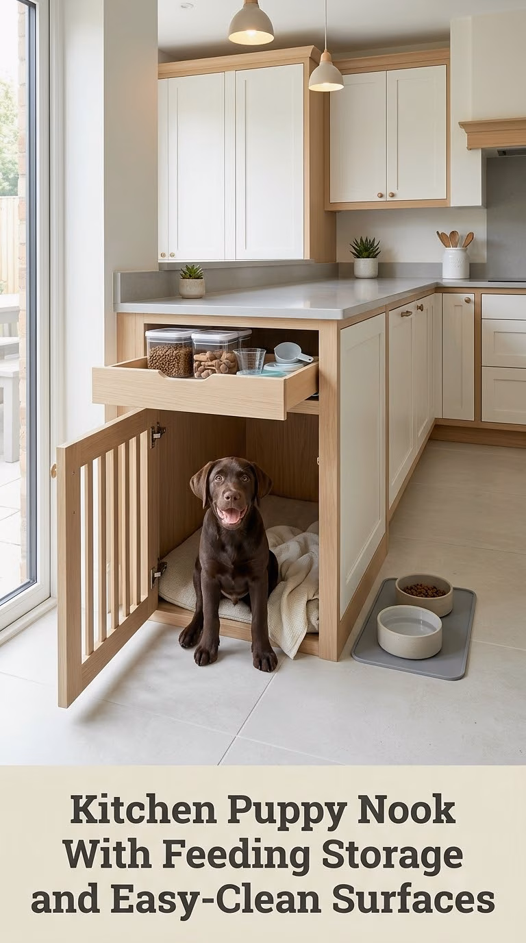 Kitchen Puppy Nook With Feeding Storage and Easy-Clean Surfaces