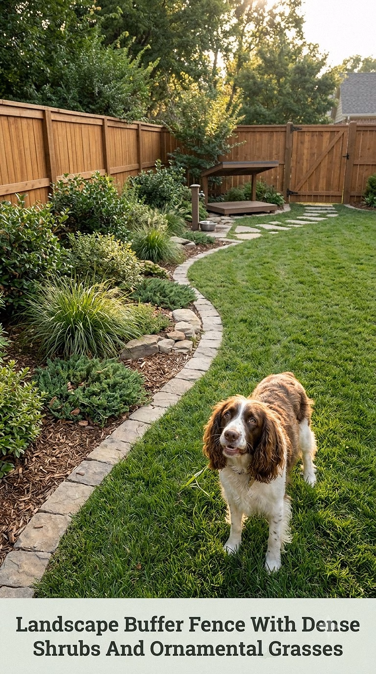 Landscape Buffer Fence With Dense Shrubs And Ornamental Grasses