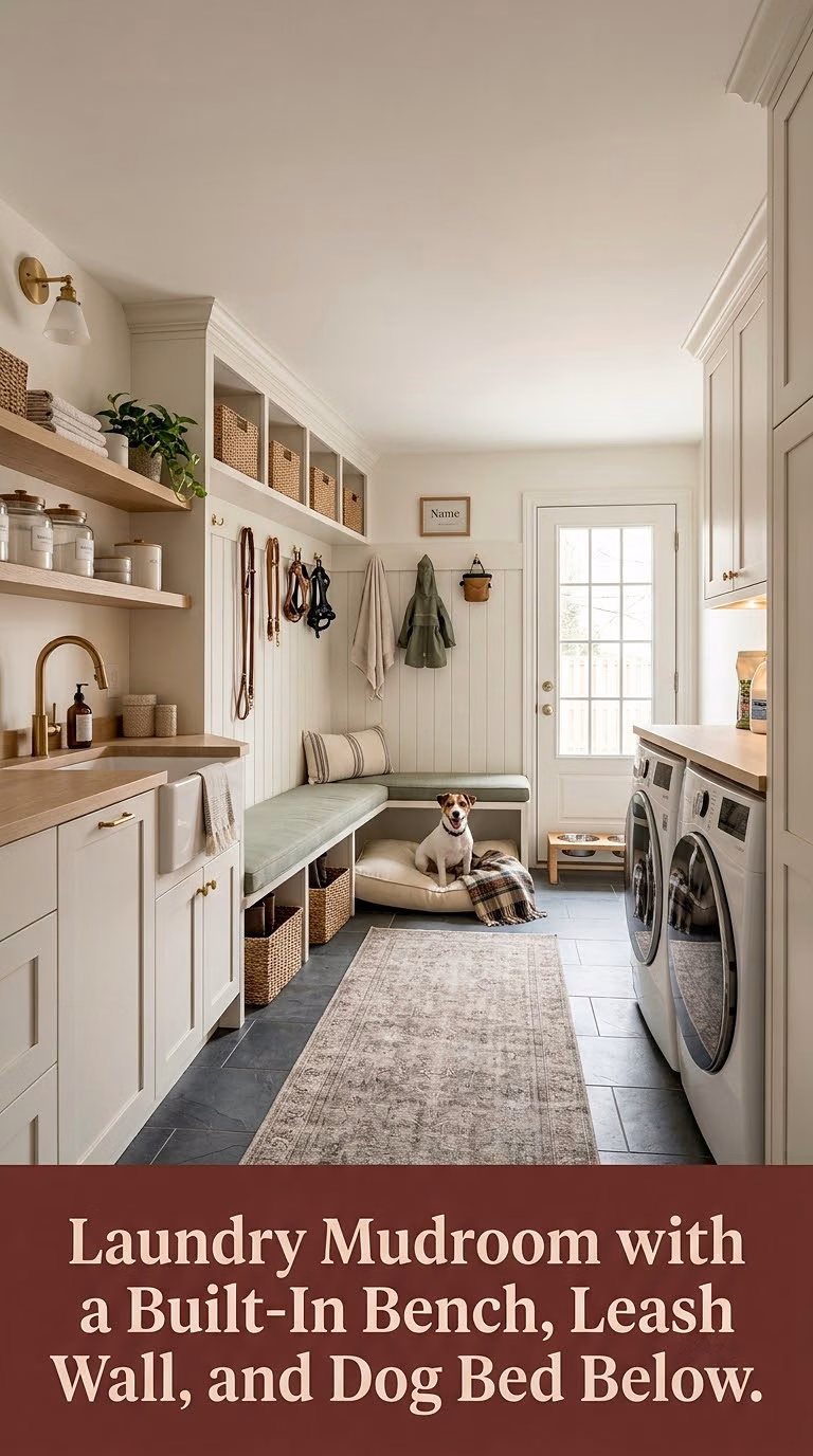 16. Laundry Mudroom With a Built-In Bench, Leash Wall, and Dog Bed Below