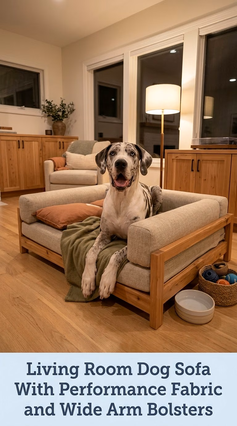 Living Room Dog Sofa With Performance Fabric and Wide Arm Bolsters