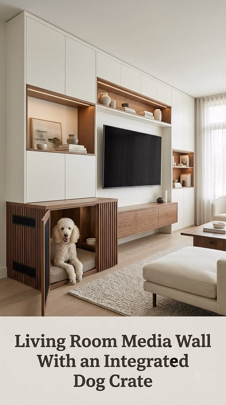 Living Room Media Wall With an Integrated Dog Crate