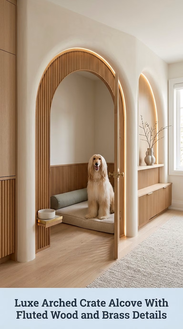 Luxe Arched Crate Alcove With Fluted Wood and Brass Details
