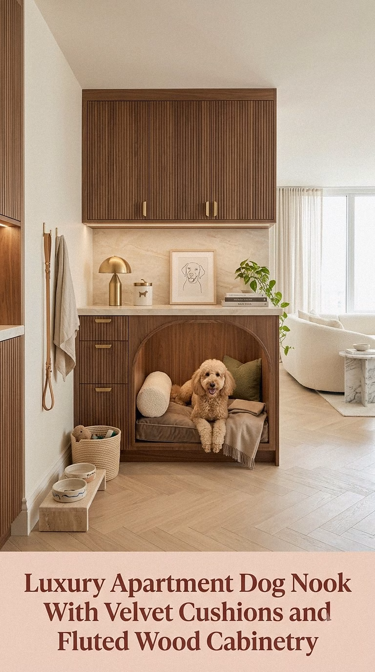 16. Luxury Apartment Dog Nook With Velvet Cushions and Fluted Wood Cabinetry