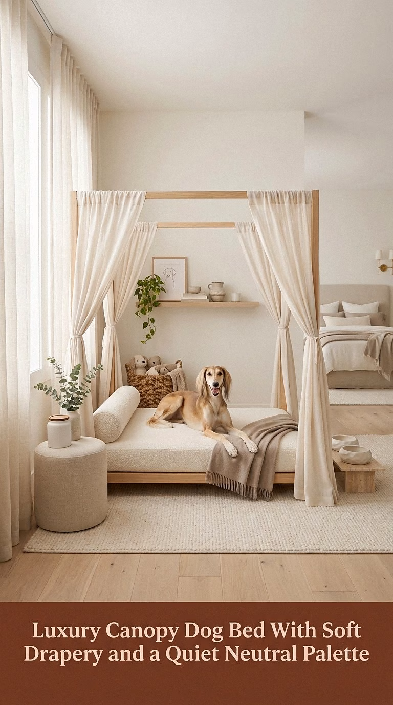 16. Luxury Canopy Dog Bed With Soft Drapery and a Quiet Neutral Palette