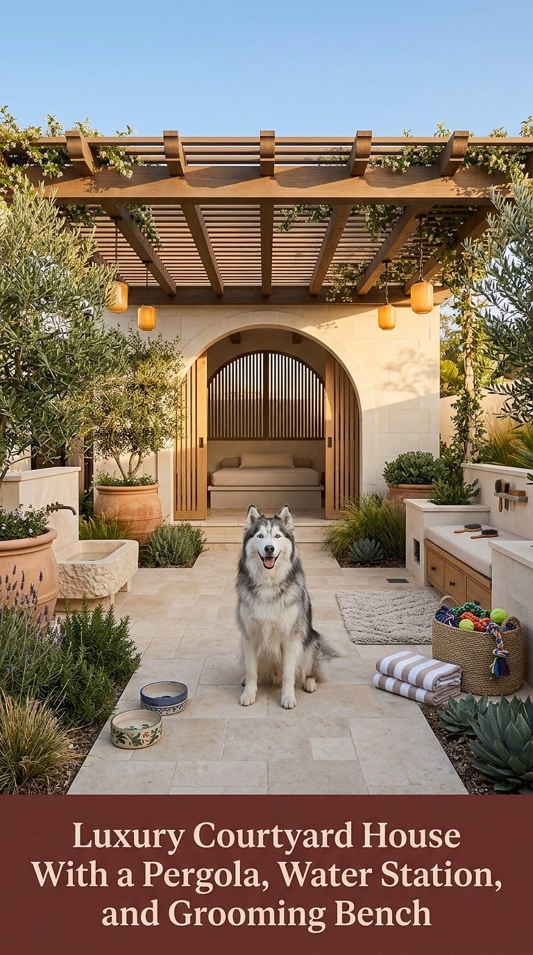 16. Luxury Courtyard House With a Pergola, Water Station, and Grooming Bench
