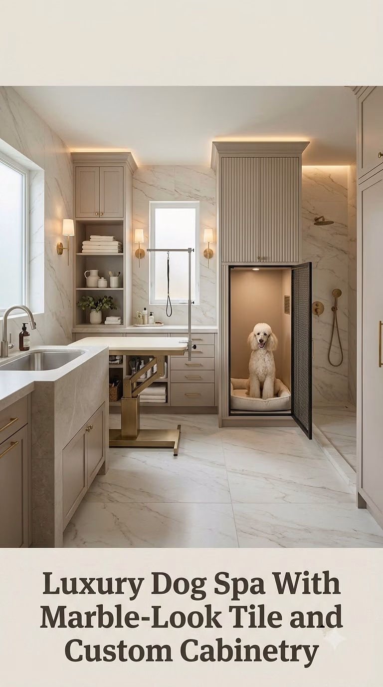 Luxury Dog Spa With Marble-Look Tile and Custom Cabinetry
