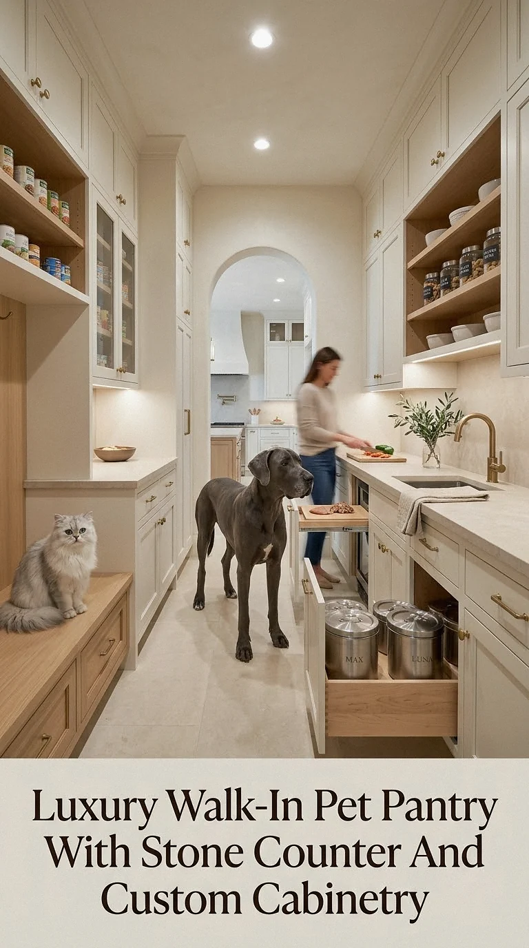 Luxury Walk-In Pet Pantry With Stone Counter And Custom Cabinetry