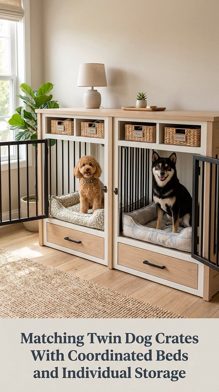 Matching Twin Dog Crates With Coordinated Beds and Individual Storage