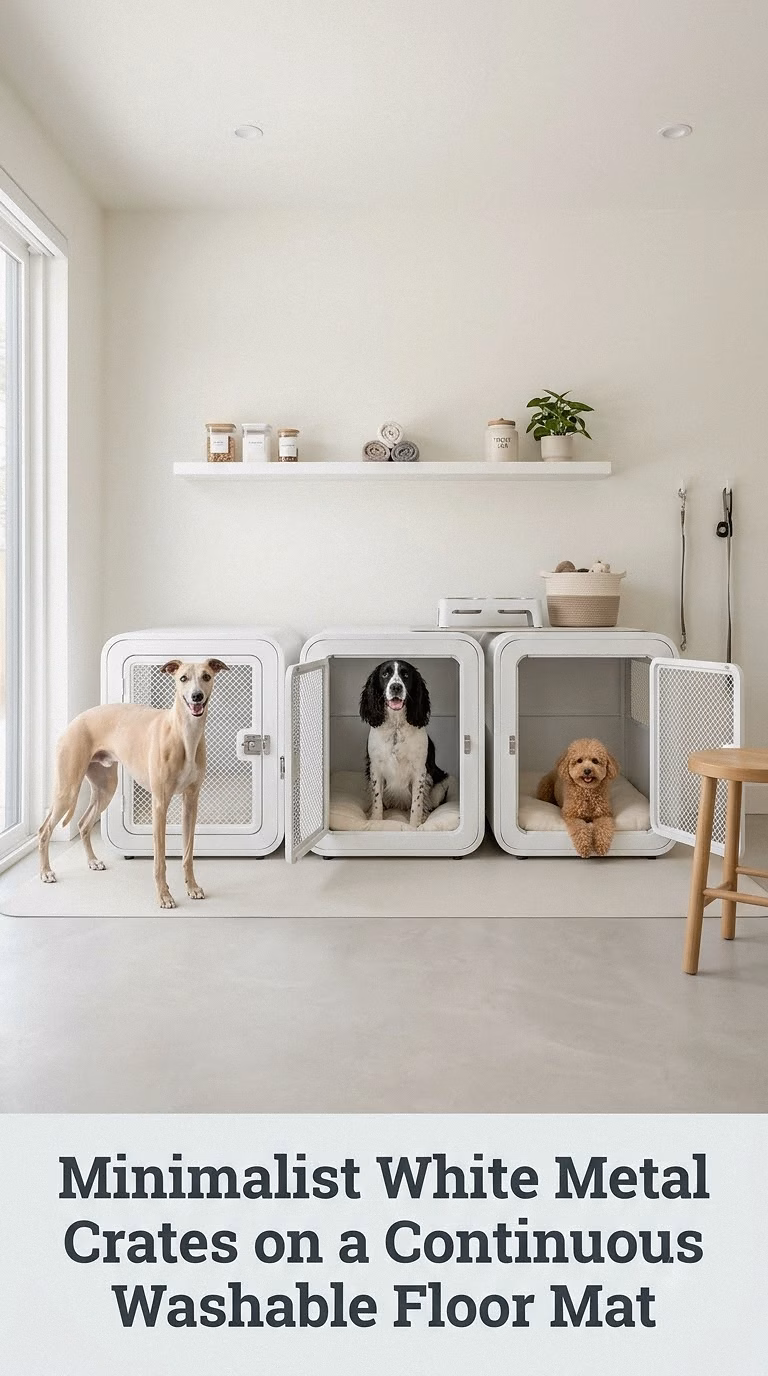 Minimalist White Metal Crates on a Continuous Washable Floor Mat