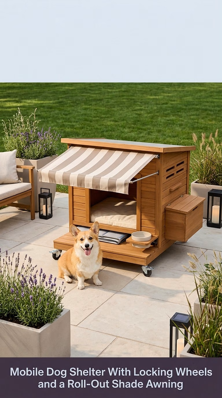 Mobile Dog Shelter With Locking Wheels and a Roll-Out Shade Awning