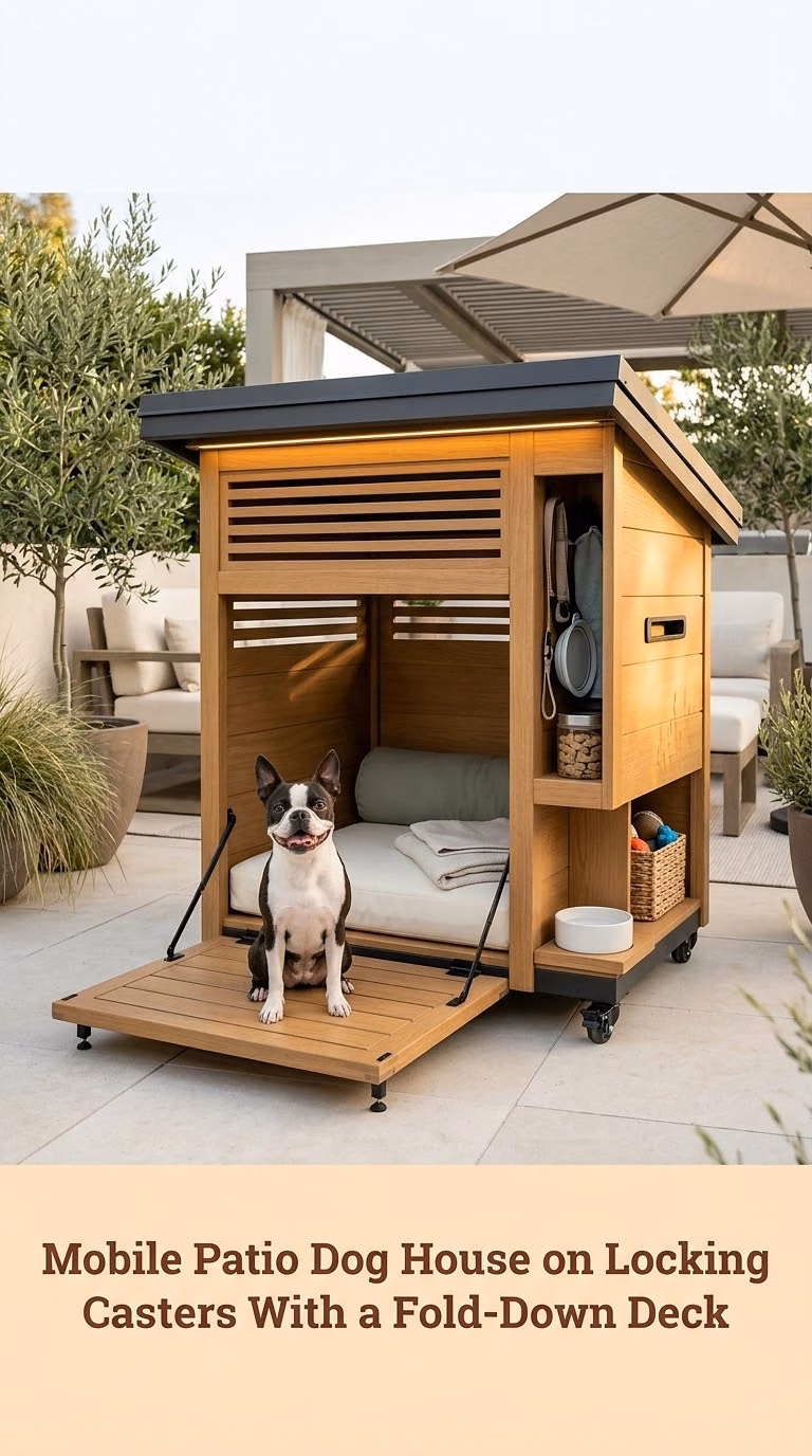 Mobile Patio Dog House on Locking Casters With a Fold-Down Deck