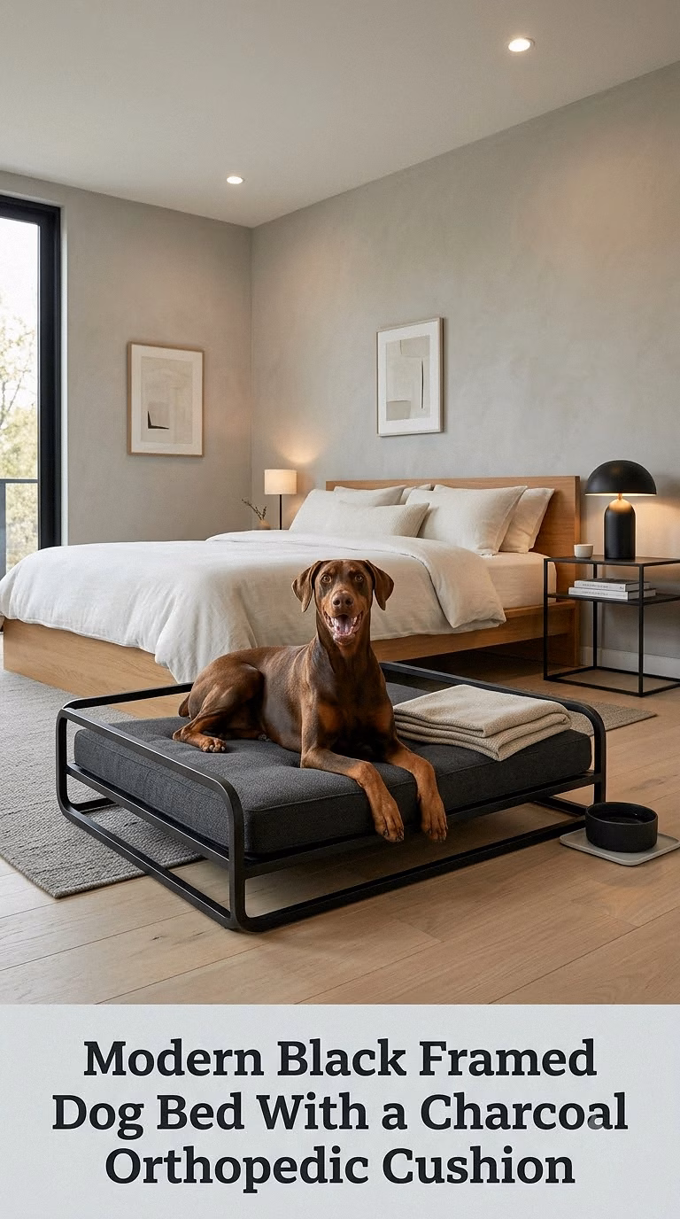 Modern Black Framed Dog Bed With a Charcoal Orthopedic Cushion