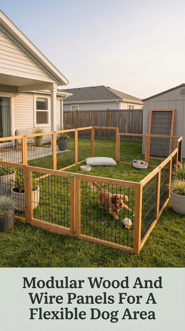 Modular Wood And Wire Panels For A Flexible Dog Area